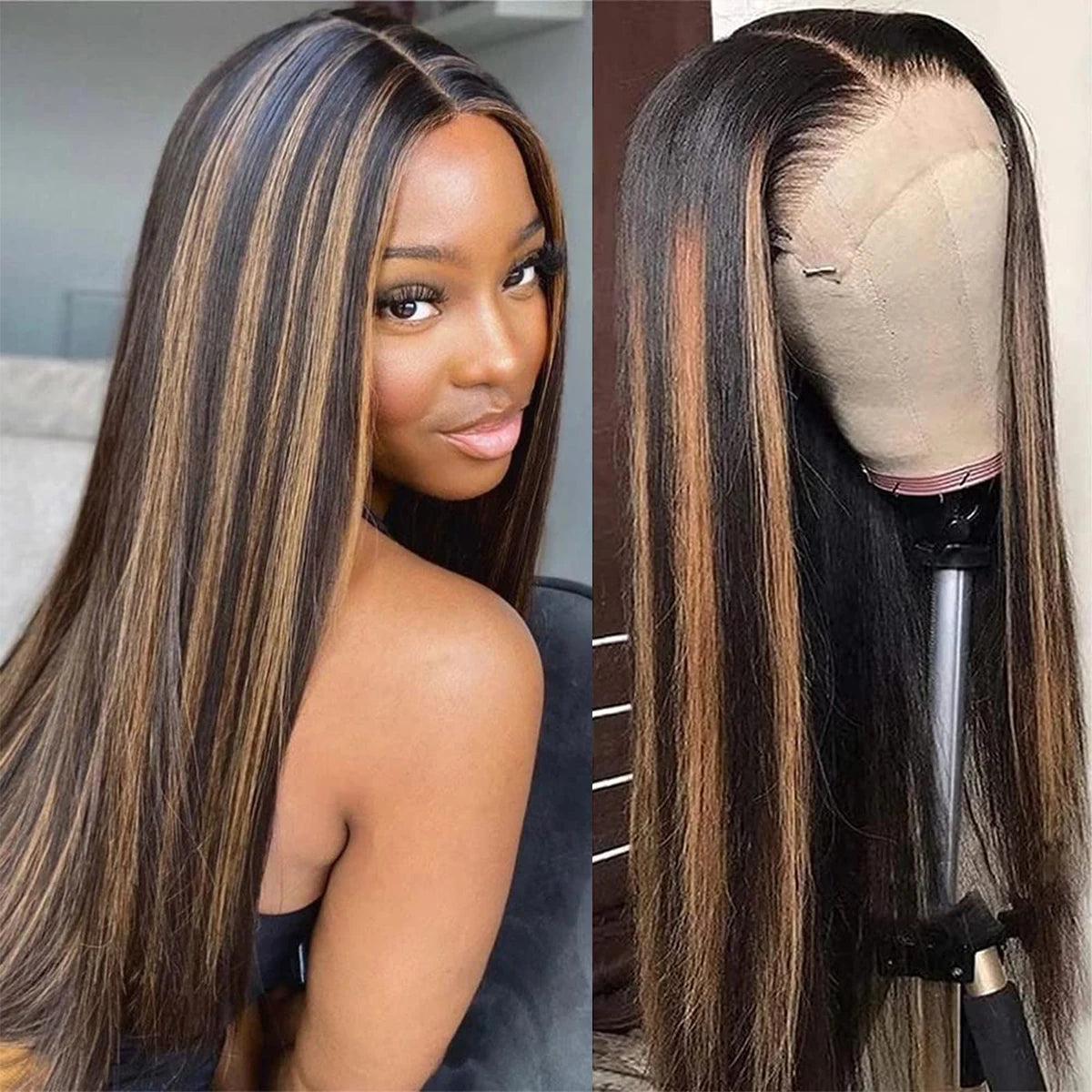 Perruques frontales en cheveux humains à reflets 1B/30, 76 cm, couleur marron ombré, 33 x 10 cm, lisses, avec dentelle frontale, pré-épilées, en solde