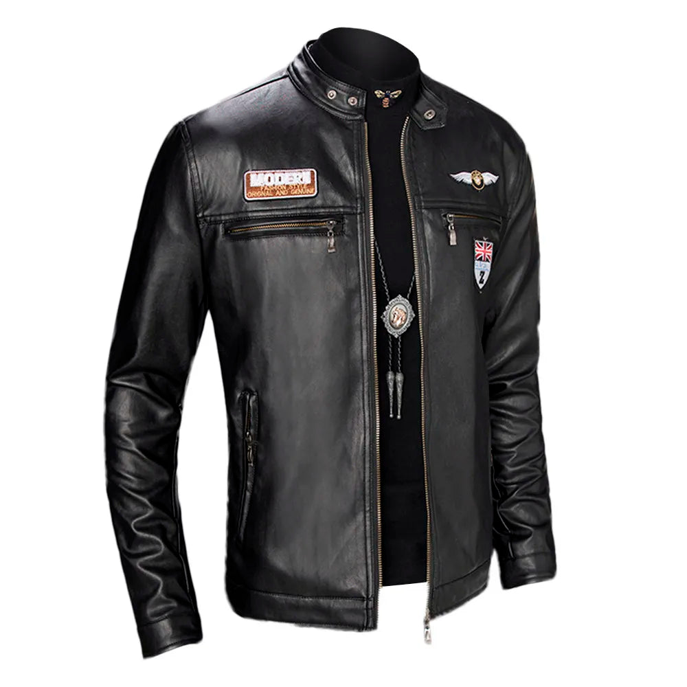 Leather Lop Bags Men'S Autumn Winter Slim Leather Jacket Fashion Custom Printed Motorcycle Coat Zipper куртка мужская зимняя
