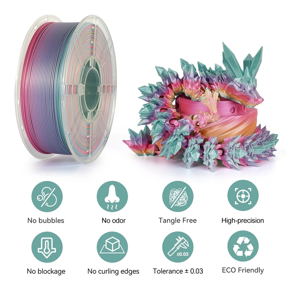 KINGROON Newest Colour 3D Printer Filament PLA Silk Rainbow Multicolor Gradient Printing Consumables 1.75mm 1kg Plastic Spool