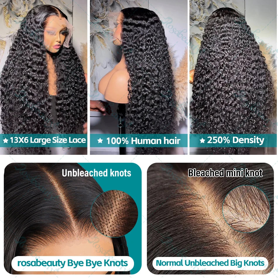 Rosabeauty 200 Density Kinky Curly Wigs Human Hair 13x6 HD Transparent Lace Frontal Deep Wave 5x5 Closure Preplucked For Women