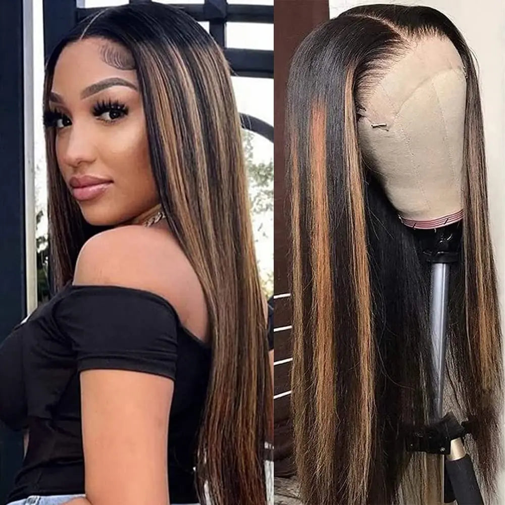 Perruques frontales en cheveux humains à reflets 1B/30, 76 cm, couleur marron ombré, 33 x 10 cm, lisses, avec dentelle frontale, pré-épilées, en solde