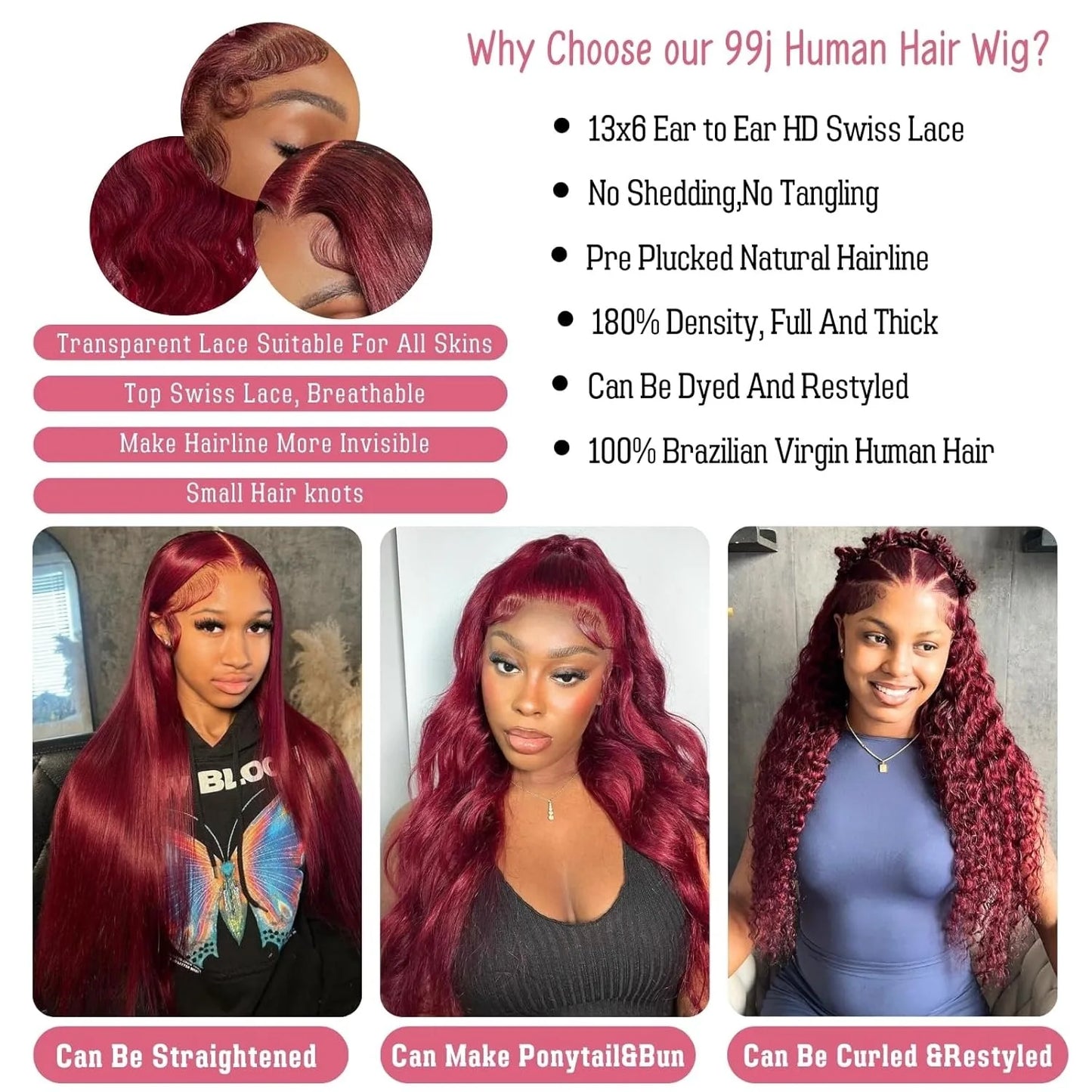 Perruques Lace Front Wigs 13x6, cheveux humains, densité 200 %, 99J, bordeaux, 71 cm, Body Wave, brésiliennes