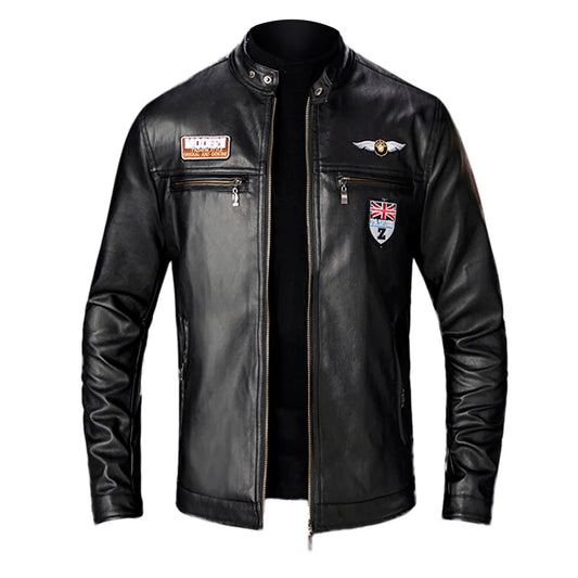 Leather Lop Bags Men'S Autumn Winter Slim Leather Jacket Fashion Custom Printed Motorcycle Coat Zipper куртка мужская зимняя