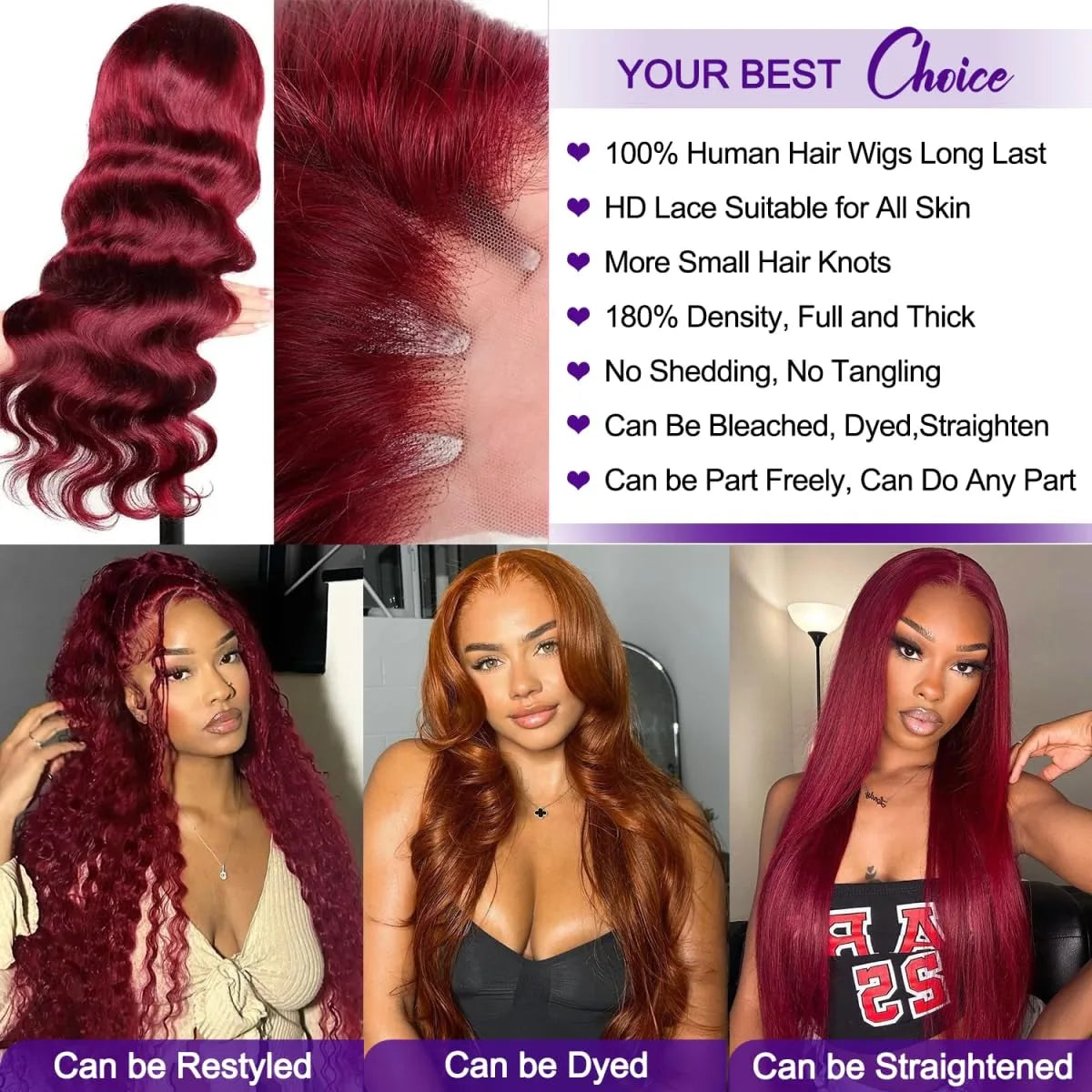 Perruques Lace Front Wigs 13x6, cheveux humains, densité 200 %, 99J, bordeaux, 71 cm, Body Wave, brésiliennes