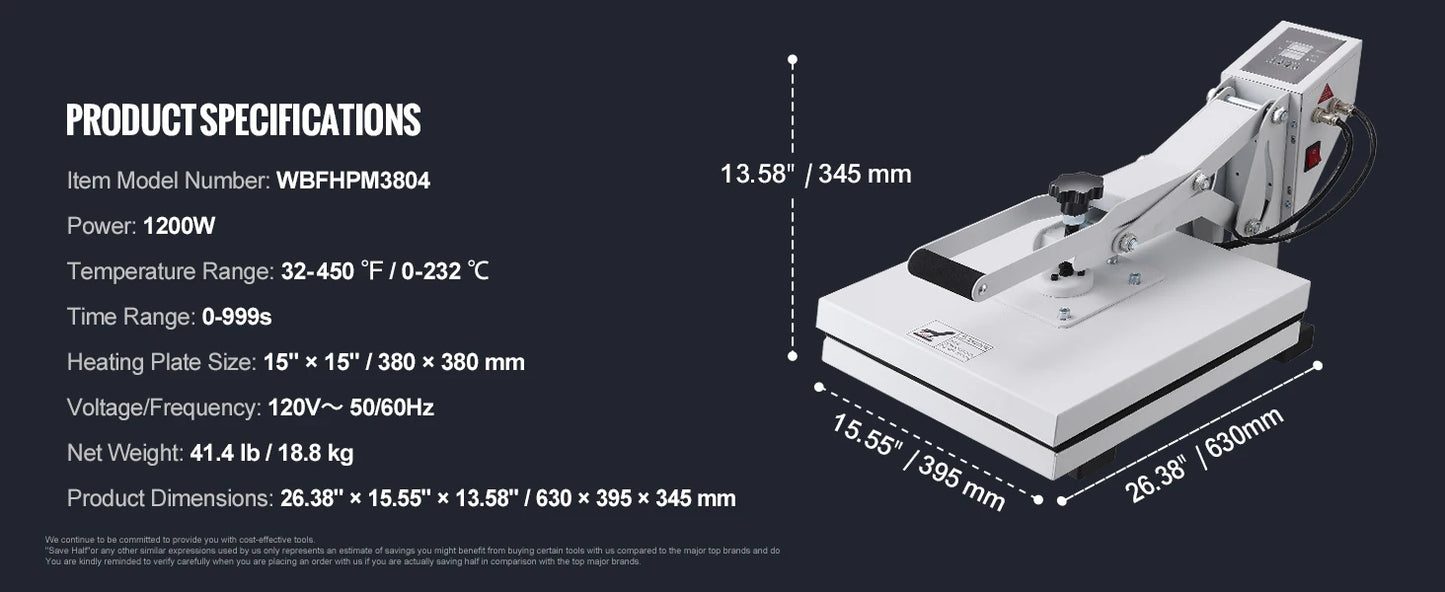 VEVOR Heat Press Machine 15" x 15"  / 16" x 20" / 16" x 24" Sublimation Printer Manual Clamshell Transfer on DIY T-shirt Pillow
