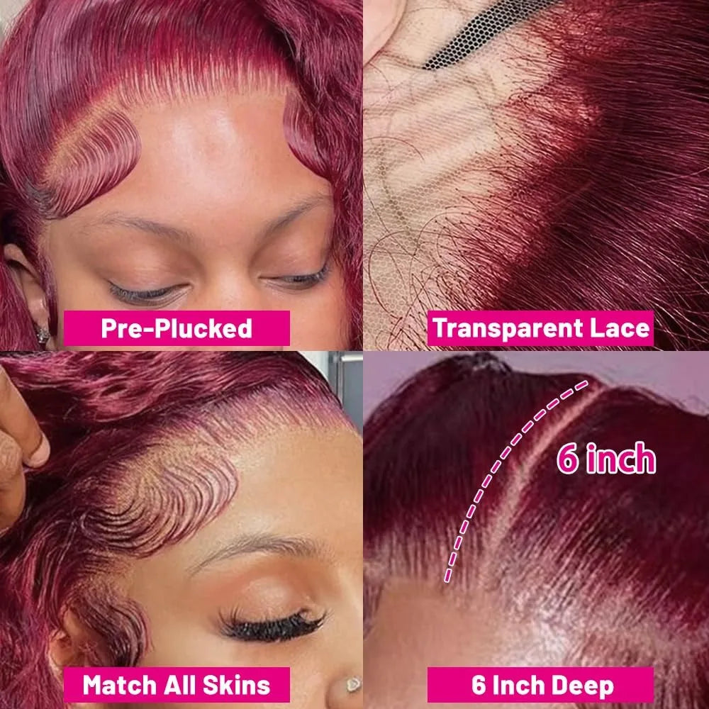 Perruques Lace Front Wigs 13x6, cheveux humains, densité 200 %, 99J, bordeaux, 71 cm, Body Wave, brésiliennes