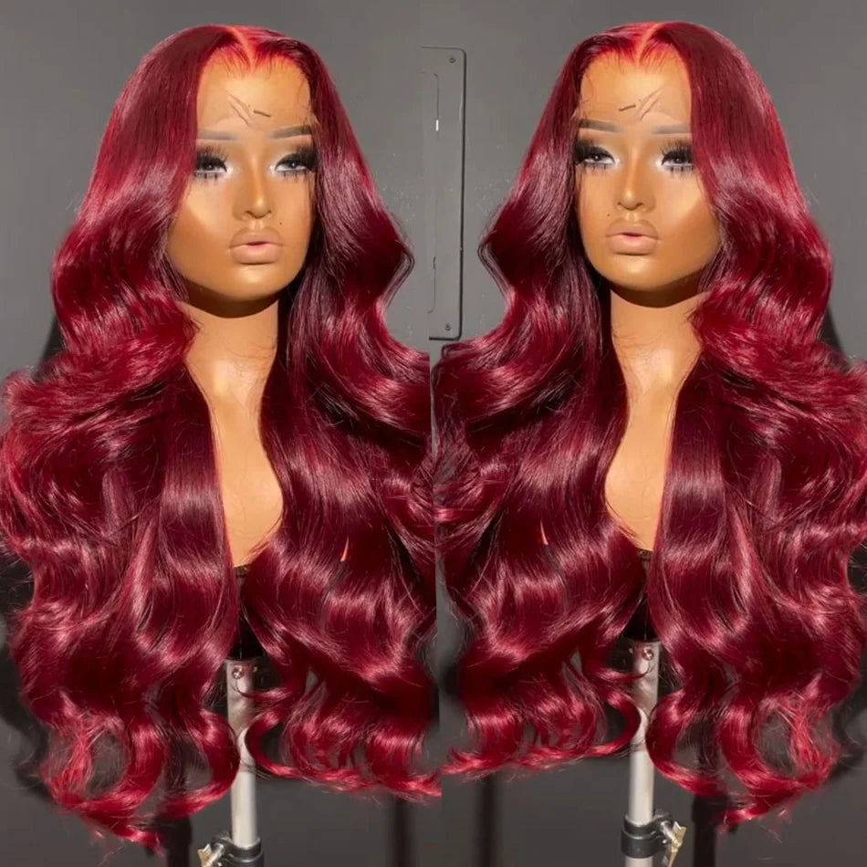 Perruques Lace Front Wigs 13x6, cheveux humains, densité 200 %, 99J, bordeaux, 71 cm, Body Wave, brésiliennes