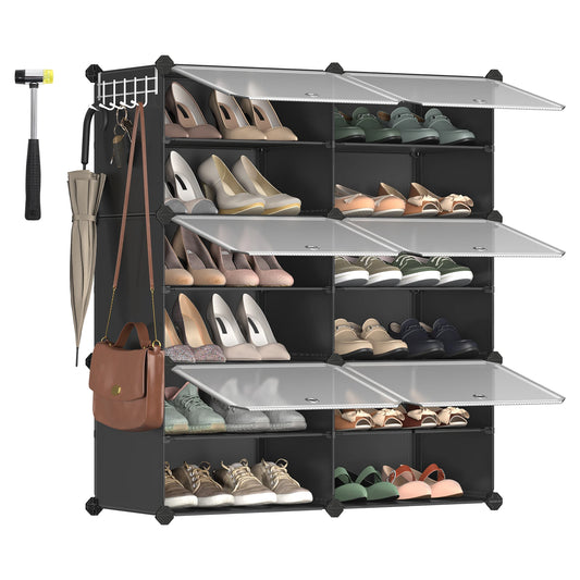 SONGMICS Interlocking Shoe Rack with Doors, 24-Pair 6-Tier Shoe Organizer, Steel Frame and Plastic Shelves
