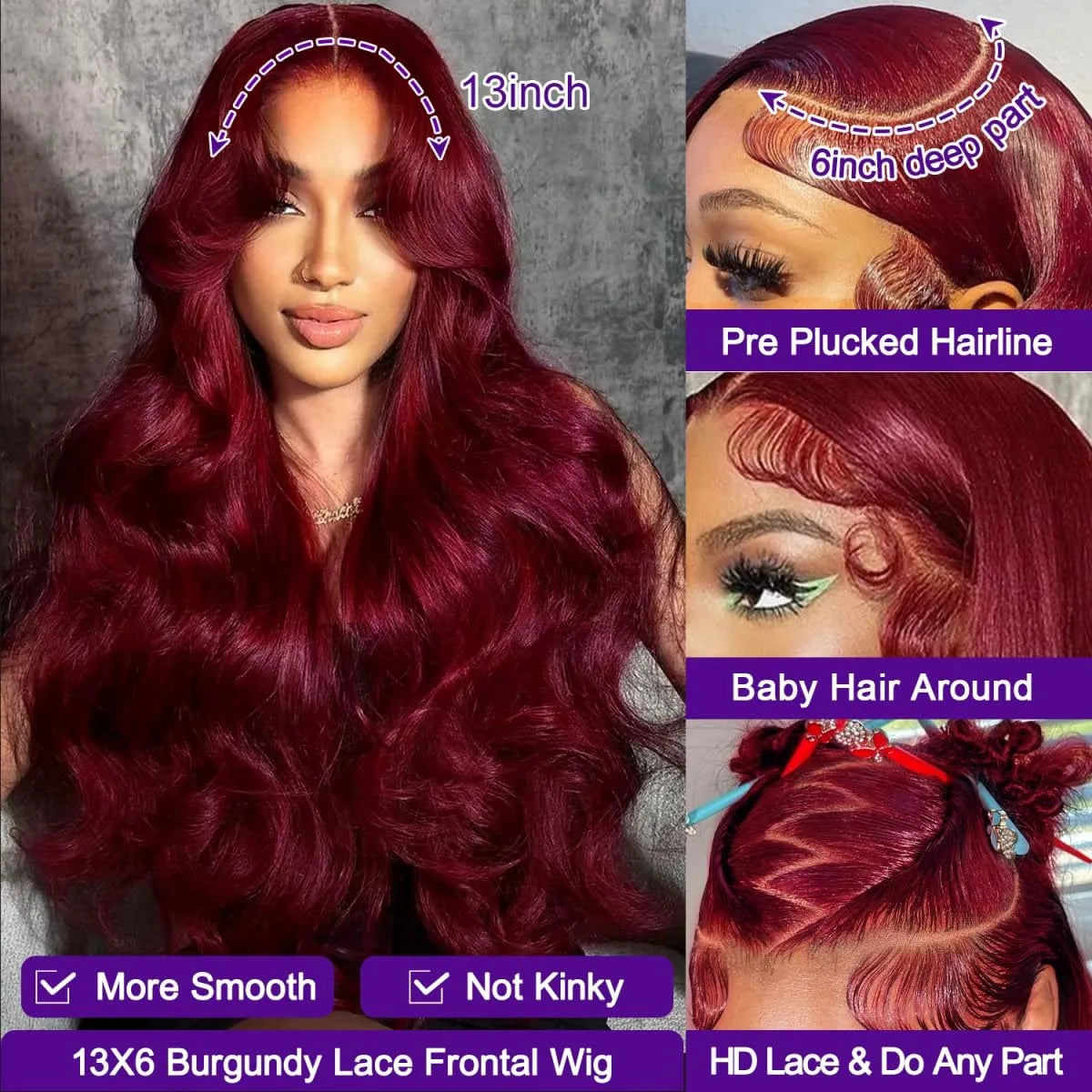 Perruques Lace Front Wigs 13x6, cheveux humains, densité 200 %, 99J, bordeaux, 71 cm, Body Wave, brésiliennes