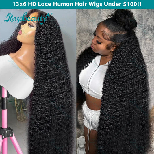 Rosabeauty 200 Density Kinky Curly Wigs Human Hair 13x6 HD Transparent Lace Frontal Deep Wave 5x5 Closure Preplucked For Women