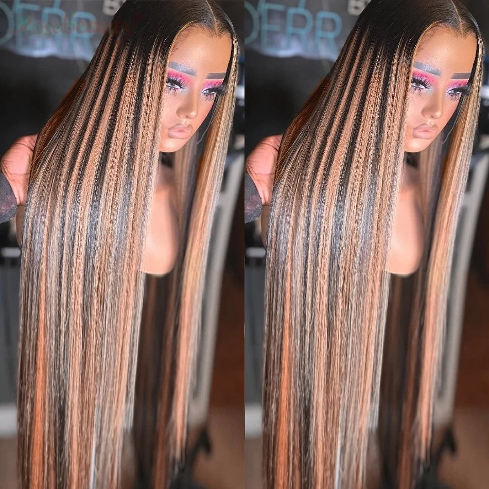 Perruques frontales en cheveux humains à reflets 1B/30, 76 cm, couleur marron ombré, 33 x 10 cm, lisses, avec dentelle frontale, pré-épilées, en solde