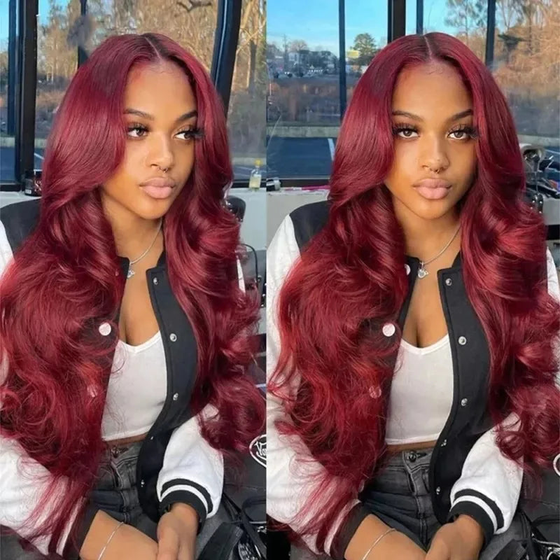Perruques Lace Front Wigs 13x6, cheveux humains, densité 200 %, 99J, bordeaux, 71 cm, Body Wave, brésiliennes