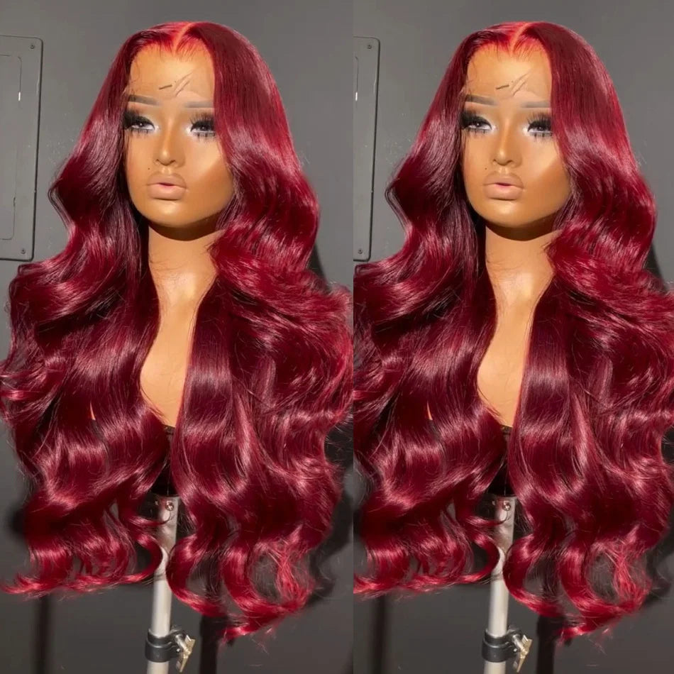 Perruques Lace Front Wigs 13x6, cheveux humains, densité 200 %, 99J, bordeaux, 71 cm, Body Wave, brésiliennes