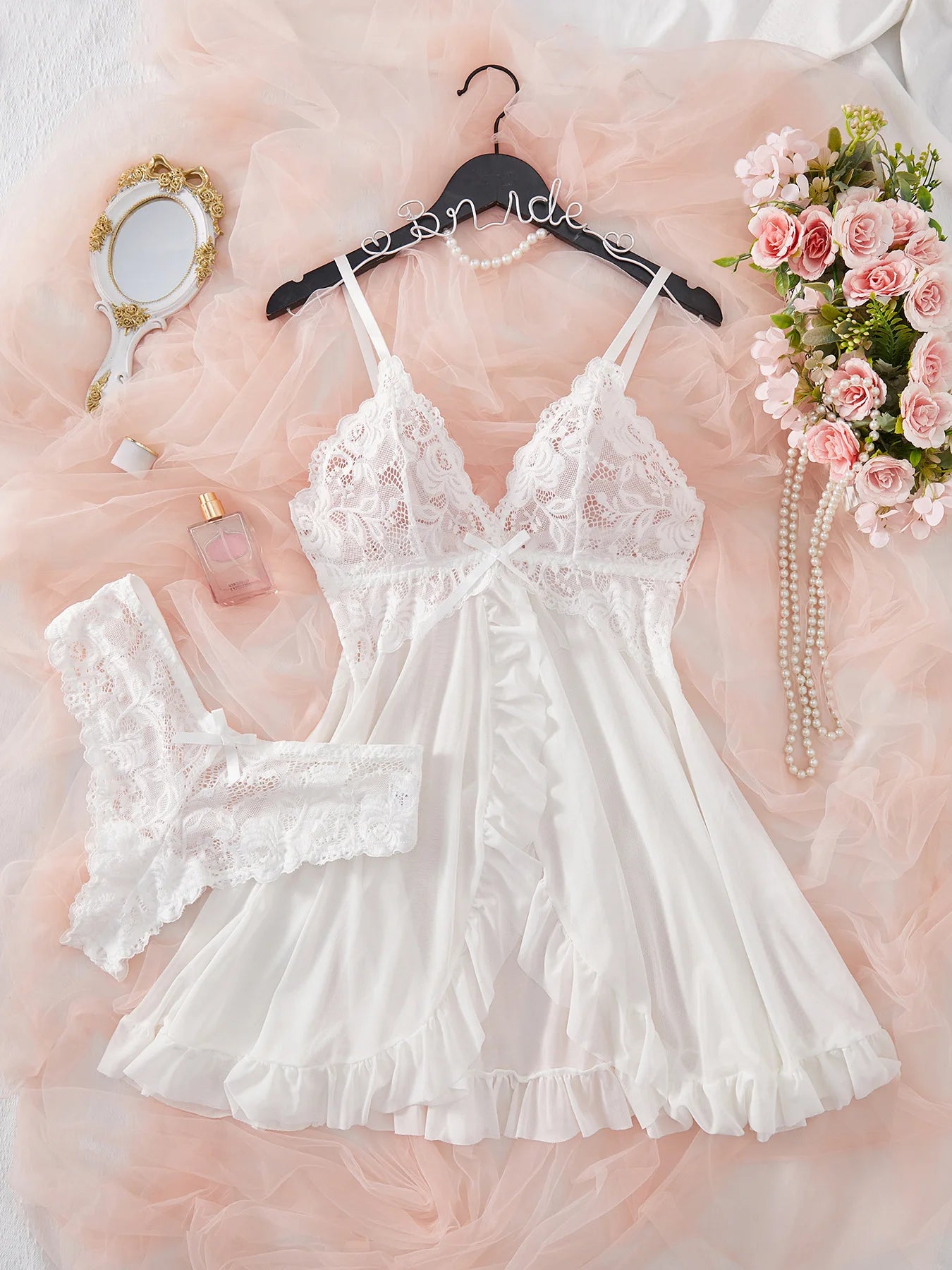 Sexy Lingerie Set Women Erotic Bra Nightdress Sexy Lace Sleepwear Solid Slim Soft Dresses V Neck Full Slip Sleepwear & Dresses/ Robe de nuit