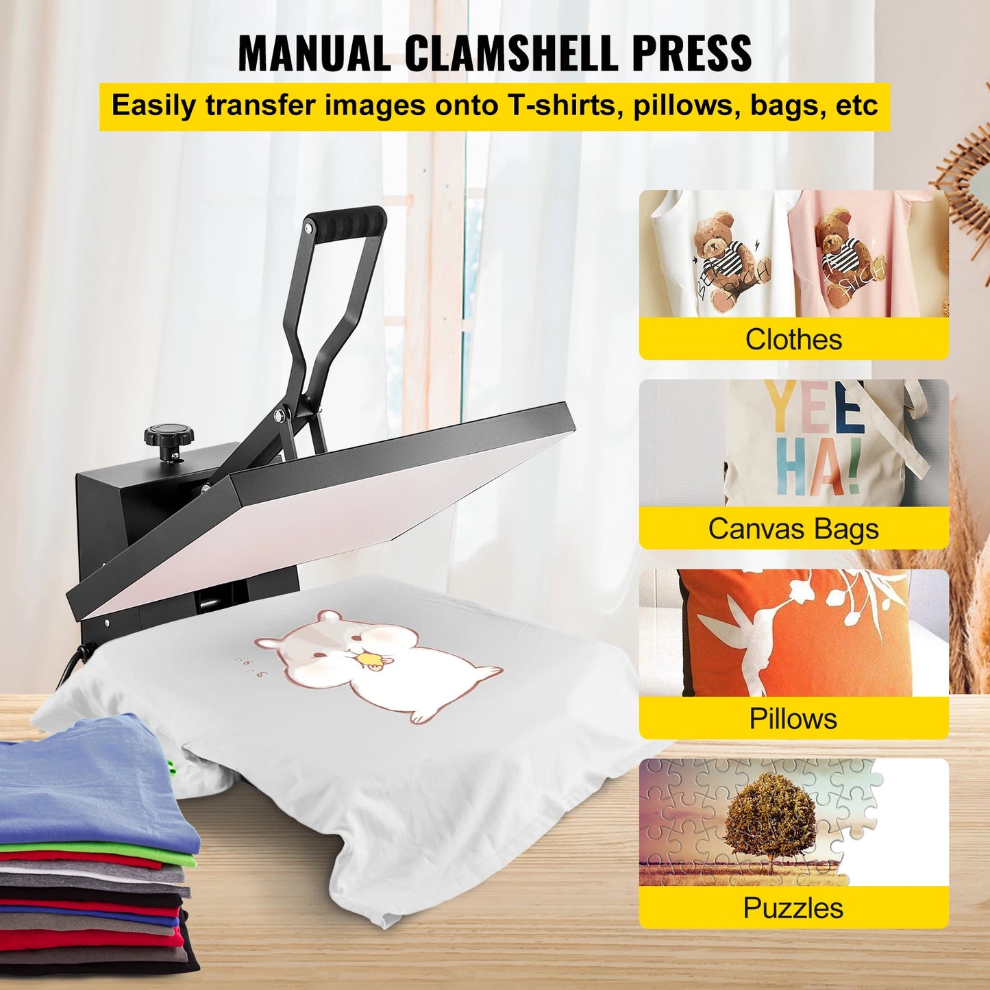 VEVOR Heat Press Machine 15" x 15"  / 16" x 20" / 16" x 24" Sublimation Printer Manual Clamshell Transfer on DIY T-shirt Pillow