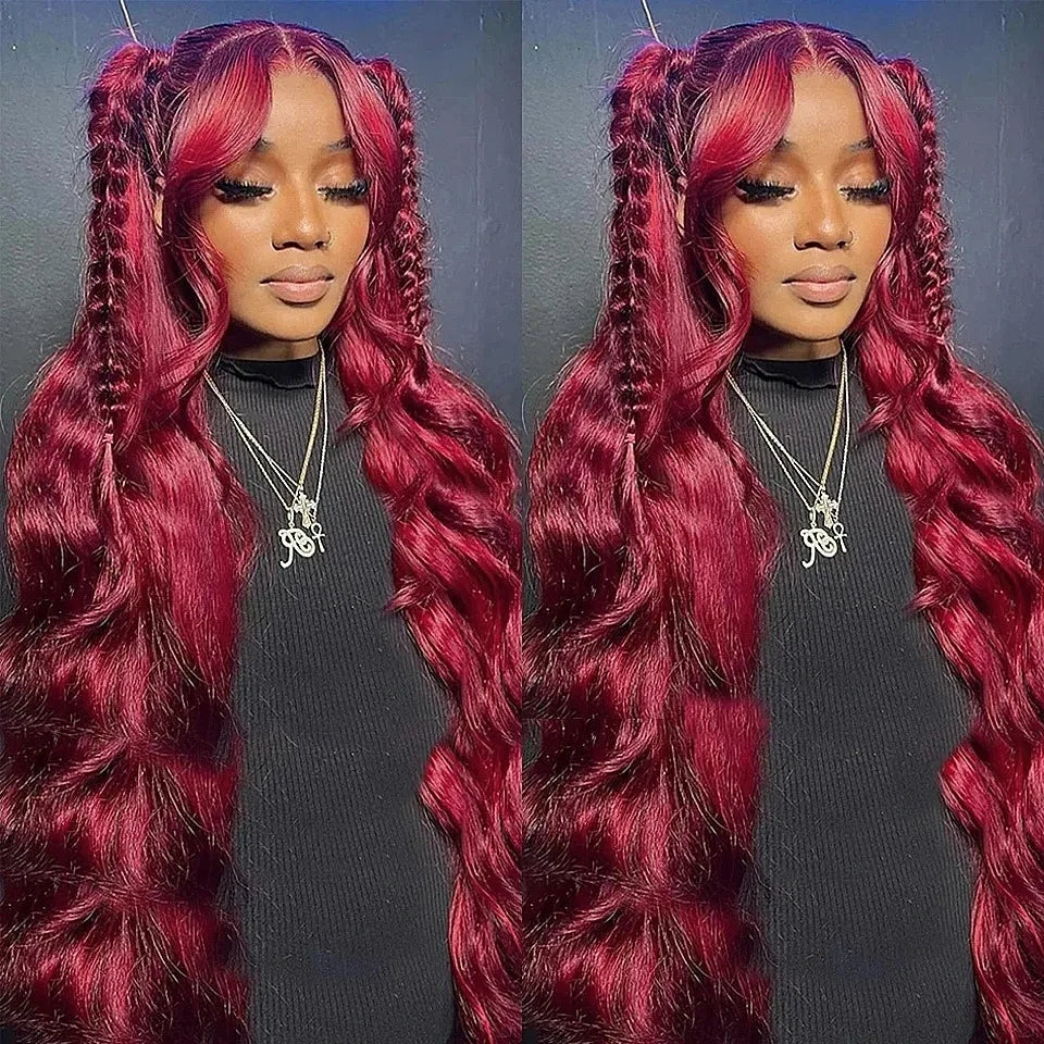 Perruques Lace Front Wigs 13x6, cheveux humains, densité 200 %, 99J, bordeaux, 71 cm, Body Wave, brésiliennes