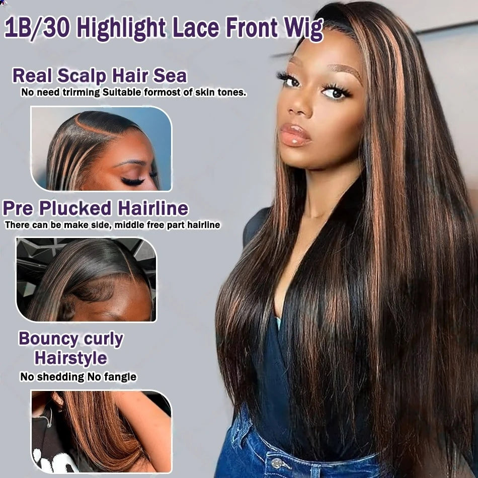 Perruques frontales en cheveux humains à reflets 1B/30, 76 cm, couleur marron ombré, 33 x 10 cm, lisses, avec dentelle frontale, pré-épilées, en solde