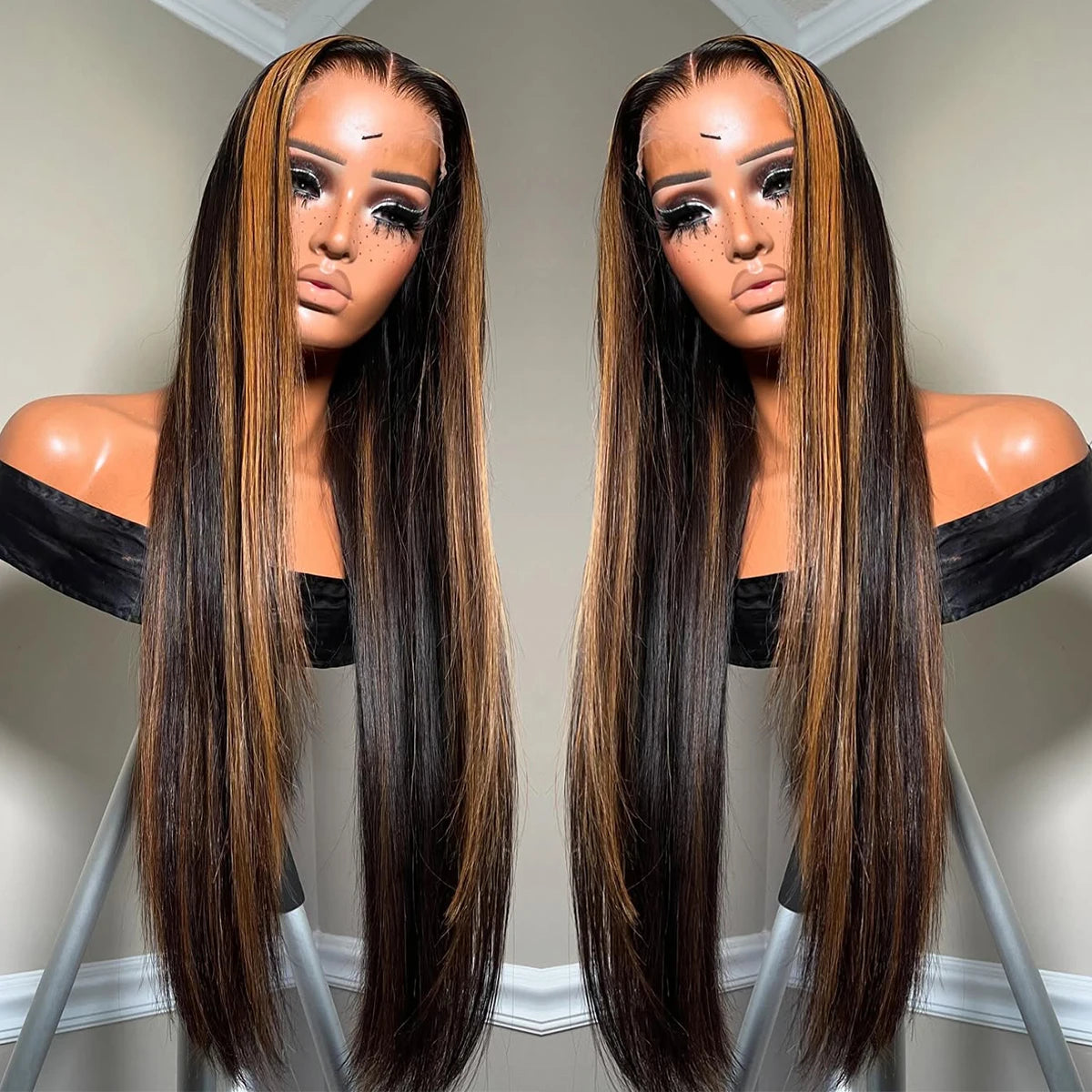 Perruques frontales en cheveux humains à reflets 1B/30, 76 cm, couleur marron ombré, 33 x 10 cm, lisses, avec dentelle frontale, pré-épilées, en solde