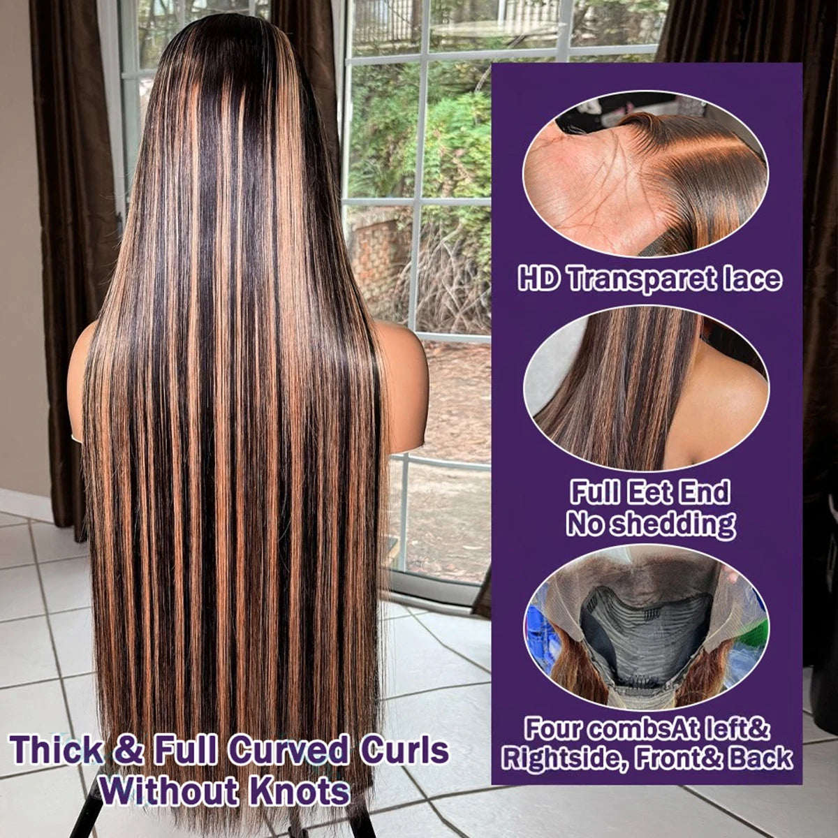 Perruques frontales en cheveux humains à reflets 1B/30, 76 cm, couleur marron ombré, 33 x 10 cm, lisses, avec dentelle frontale, pré-épilées, en solde