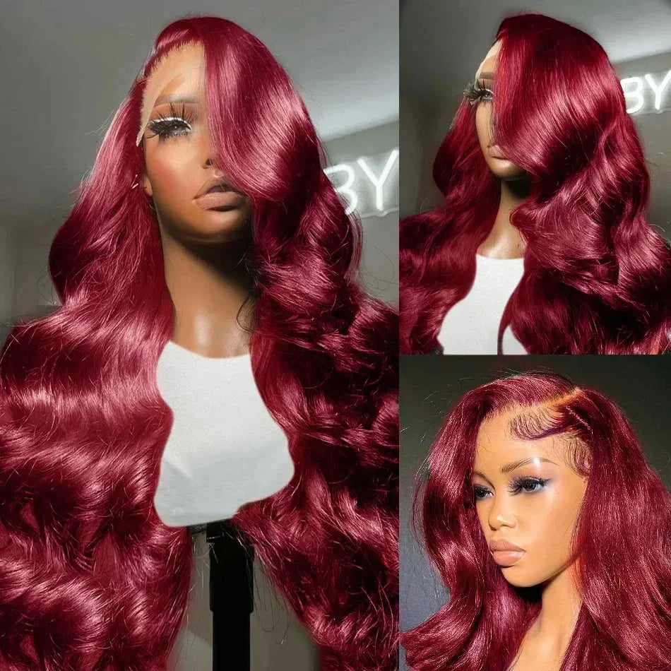 Perruques Lace Front Wigs 13x6, cheveux humains, densité 200 %, 99J, bordeaux, 71 cm, Body Wave, brésiliennes