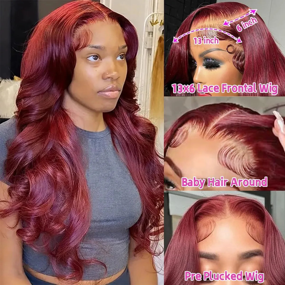 Perruques Lace Front Wigs 13x6, cheveux humains, densité 200 %, 99J, bordeaux, 71 cm, Body Wave, brésiliennes