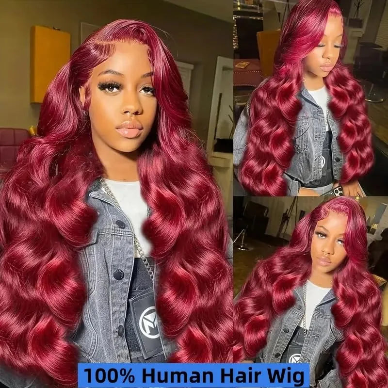 Perruques Lace Front Wigs 13x6, cheveux humains, densité 200 %, 99J, bordeaux, 71 cm, Body Wave, brésiliennes