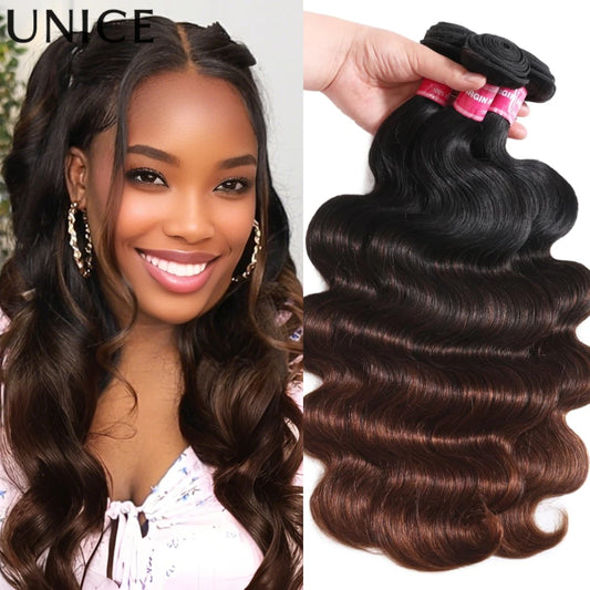 UNice Hair Brown Ombre Body Wave Human Hair Bundles 1/3/4PCS Deal Sew In Quick Weaves 100Gram Per Bundle Human Hair Extensions
