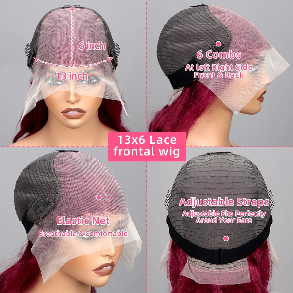 Perruques Lace Front Wigs 13x6, cheveux humains, densité 200 %, 99J, bordeaux, 71 cm, Body Wave, brésiliennes